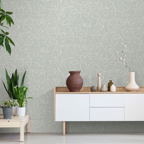 Non-woven wallpaper Floral Vines Green Cream 10467-24