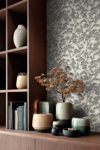 Non-woven wallpaper Floral Trees White Grey 79001-5
