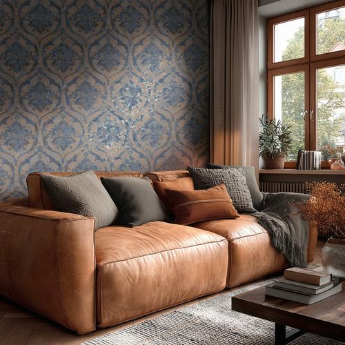 Non-woven wallpaper Baroque Beige Blue Metallic 79019-1