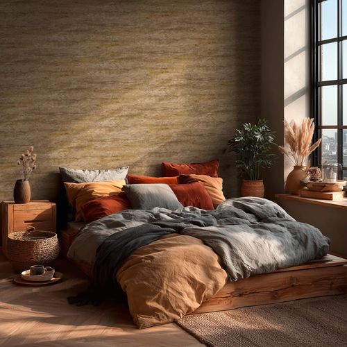 Non-woven wallpaper stone used look beige brown 79199-4