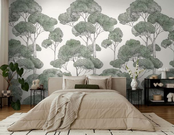 Photo wallpaper Trees Forest White Green Black 79216-6