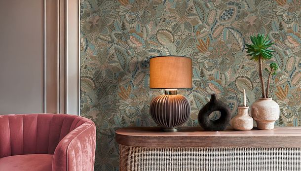 Non-woven wallpaper tropical in grey pink blue 78025-5