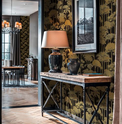 Non-woven wallpaper Palm Tree Black Gold Metallic 79162-3