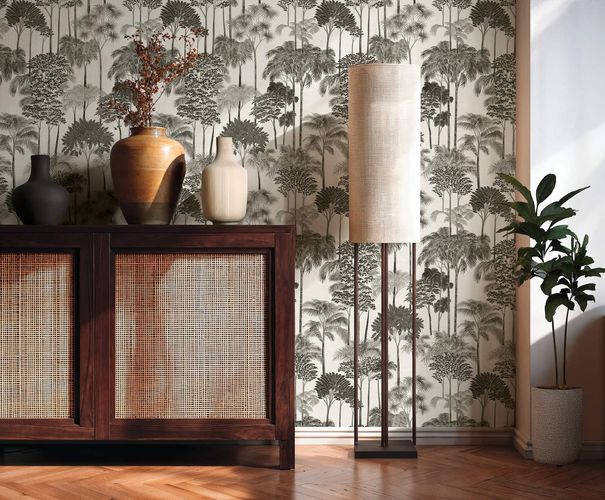 Non-woven wallpaper Palm Tree Jungle White Black 79162-5