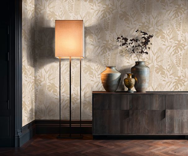 Non-woven wallpaper leaves gray beige metallic 79164-1