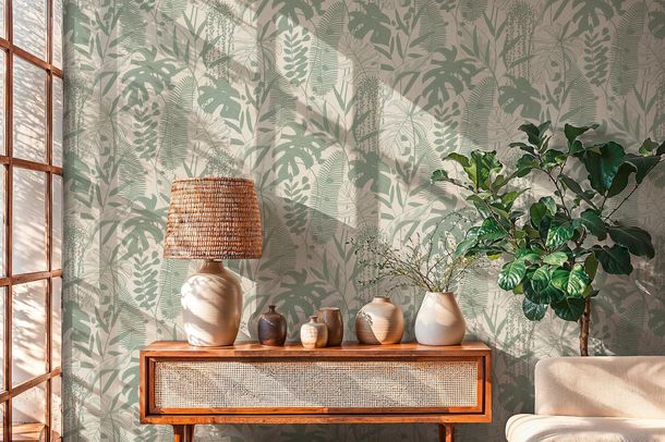 Non-woven wallpaper leaf pattern light grey green 79164-2