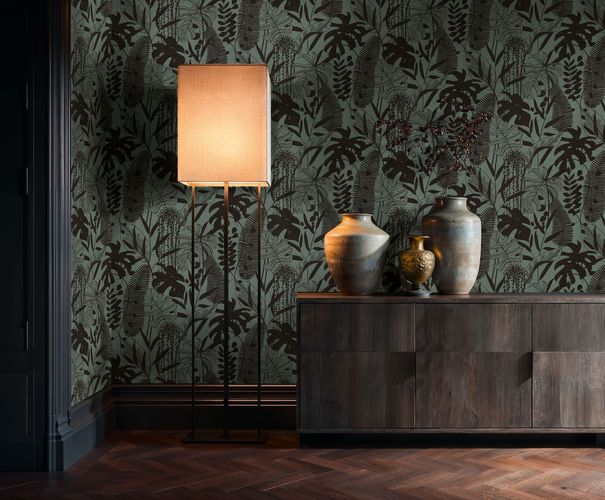 Non-woven wallpaper leaf pattern green blue black 79164-4