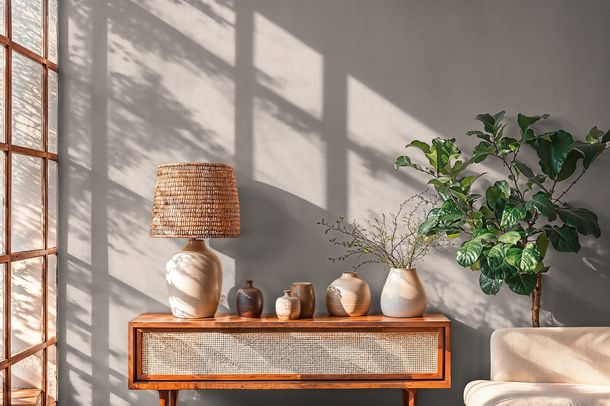 Non-woven wallpaper plain textile look grey beige 79165-3