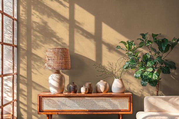 Non-woven wallpaper plain textile look beige yellow 79165-6