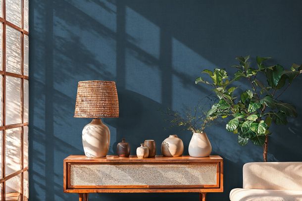 Non-woven wallpaper plain textile look dark blue 79165-8