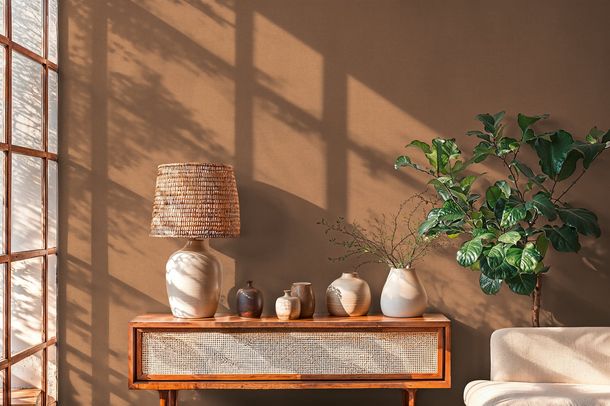 Non-woven wallpaper plain textile look modern brown 79165-9