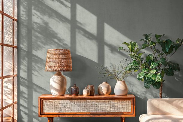 Non-woven wallpaper plain textile look green grey 79166-2