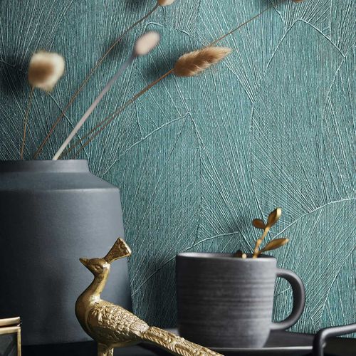 Non-woven wallpaper leaf pattern texture petrol 35376
