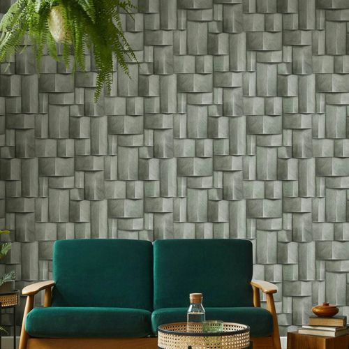 Non-woven wallpaper wood look 3D effect light green 35378