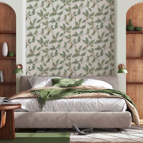 Non-woven wallpaper leaves floral grey green brown 35379