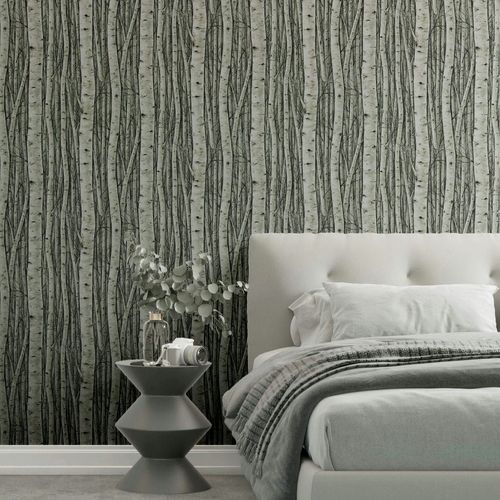 Non-woven wallpaper forest trees nature green grey 35380