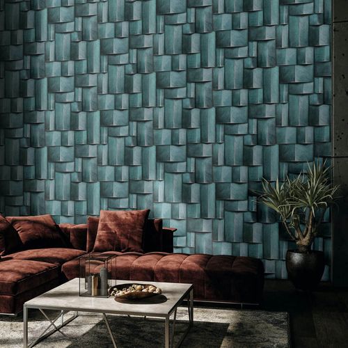Non-woven wallpaper wood look 3D effect blue grey 35389