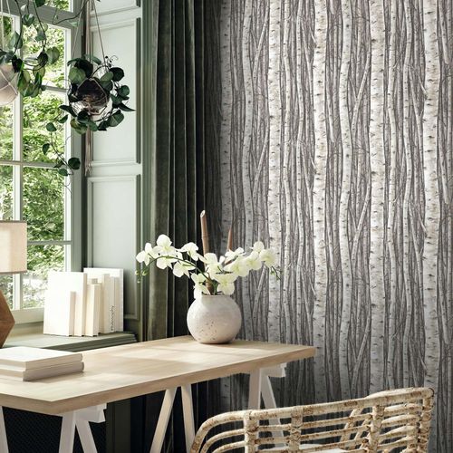 Non-woven wallpaper forest trees nature brown cream 35394