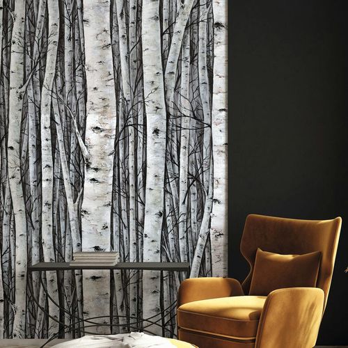 Mural wallpaper forest trees nature motif grey cream 35395