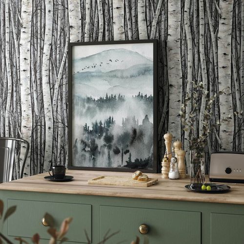 Non-woven wallpaper forest trees nature grey cream 35397