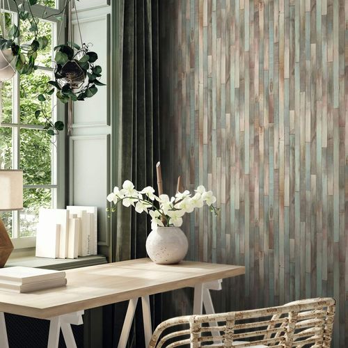 Non-woven wallpaper wood look planks blue beige 45736