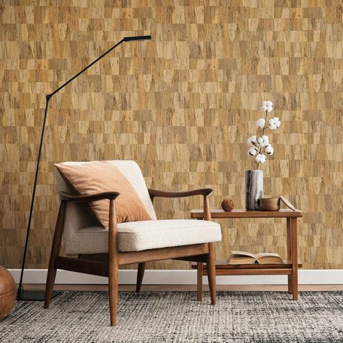 Non-woven wallpaper wood look striped beige yellow 45737