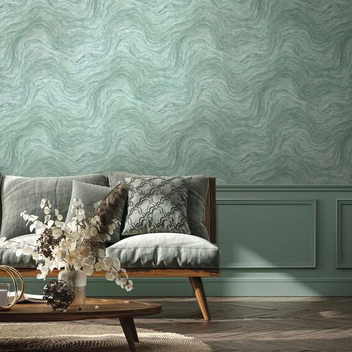 Non-woven wallpaper marble look waves blue and green 45759
