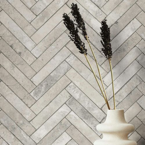Non-woven wallpaper stone look herringbone light grey 45762