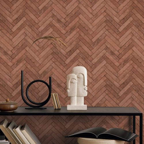 Non-woven wallpaper stone look herringbone red brown 45763