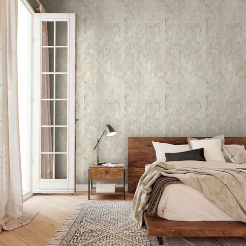 Non-woven wallpaper tile motif used look cream beige 45768