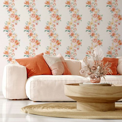 Non-woven Wallpaper Floral Flowers White Red Green 89011