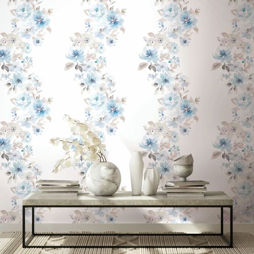 Non-woven Wallpaper Floral Flowers White Blue Grey 89012