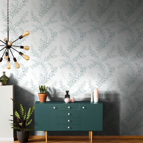 Non-woven Wallpaper Leaves Tendrils White Blue Green 89014