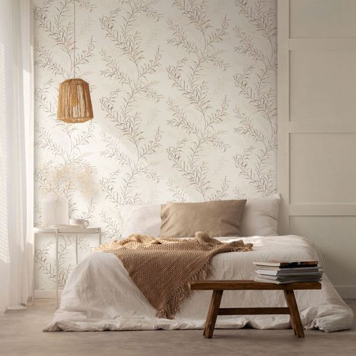 Non-woven Wallpaper Leaves Tendrils White Beige Green 89015