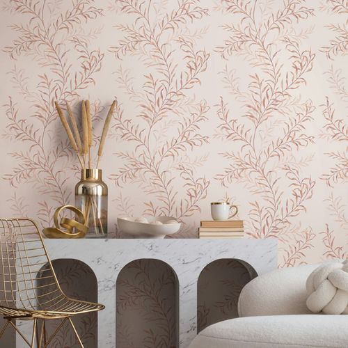 Non-woven Wallpaper Leaves Tendrils Pink Orange Beige 89016