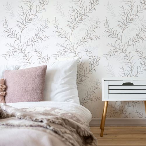 Non-woven Wallpaper Leaves Tendrils White Blue Brown 89017