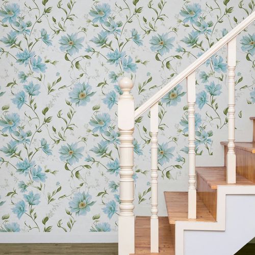 Non-woven Wallpaper Flowers Leaves White Blue Green 89022