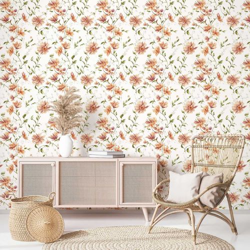Non-woven Wallpaper Flowers Leaves White Orange Green 89023