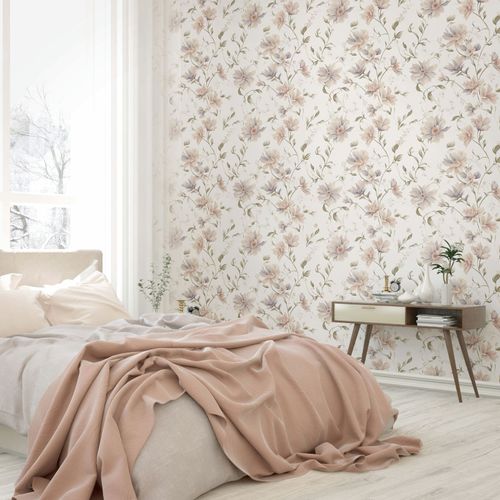 Non-woven Wallpaper Flowers Leaves White Beige Green 89024