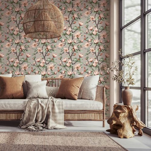Non-woven Wallpaper Flowers Twigs Grey Green Pink 89033