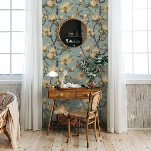 Non-woven Wallpaper Flowers Blue Yellow Green 89035