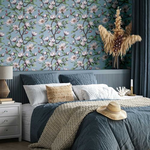 Non-woven Wallpaper Flowers Blue Purple Green 89036