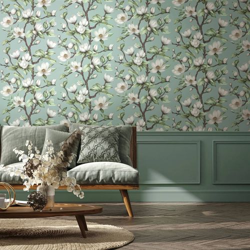 Non-woven Wallpaper Flowers Twigs Blue Green White 89037