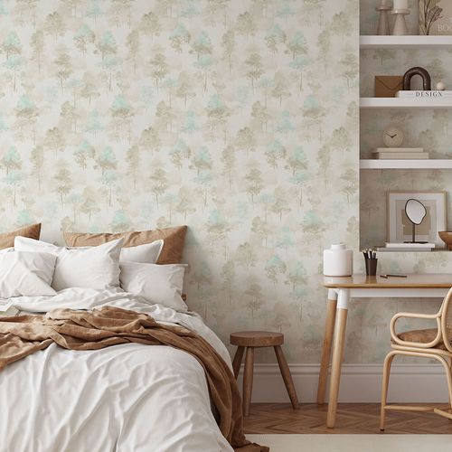 Non-woven Wallpaper Trees Forest Cream Brown Blue 10557-02