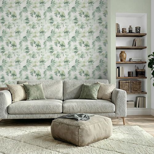 Non-woven Wallpaper Trees Forest Cream Dark Green 10557-07