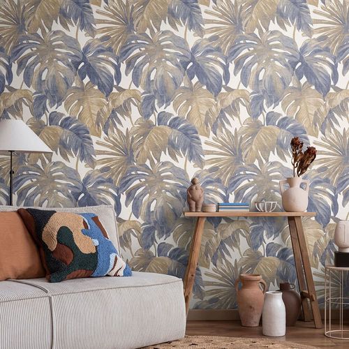 Non-woven Wallpaper Leaves Cream Brown Blue 10558-44