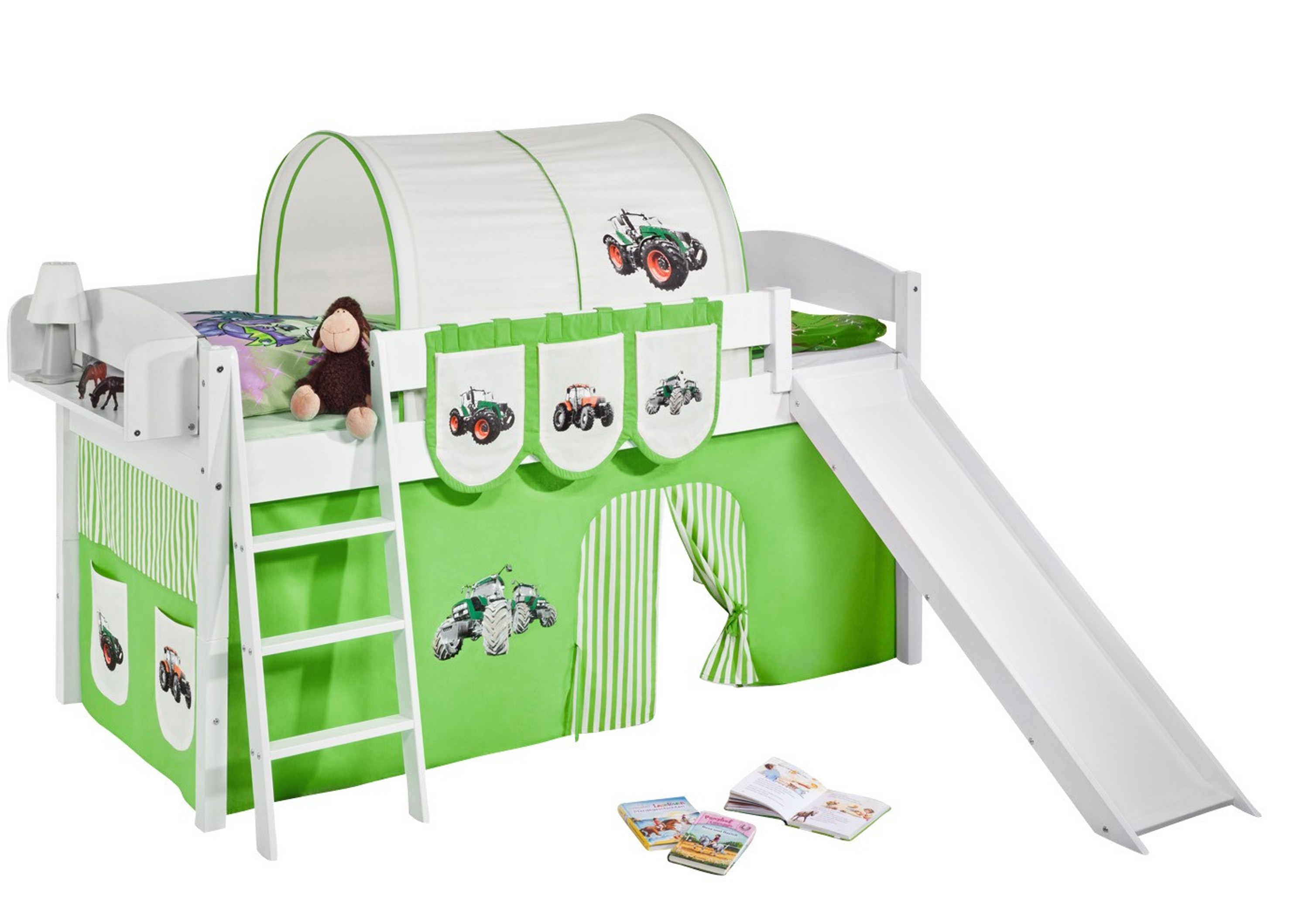 Spielbett Trecker Grün Beige - weiß - mit Rutsche und Vorhang (4105