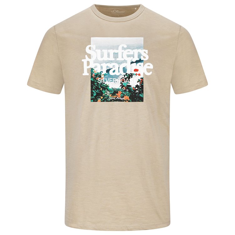 Herren T Shirt extra lang Flammgarn sand mit großem Print