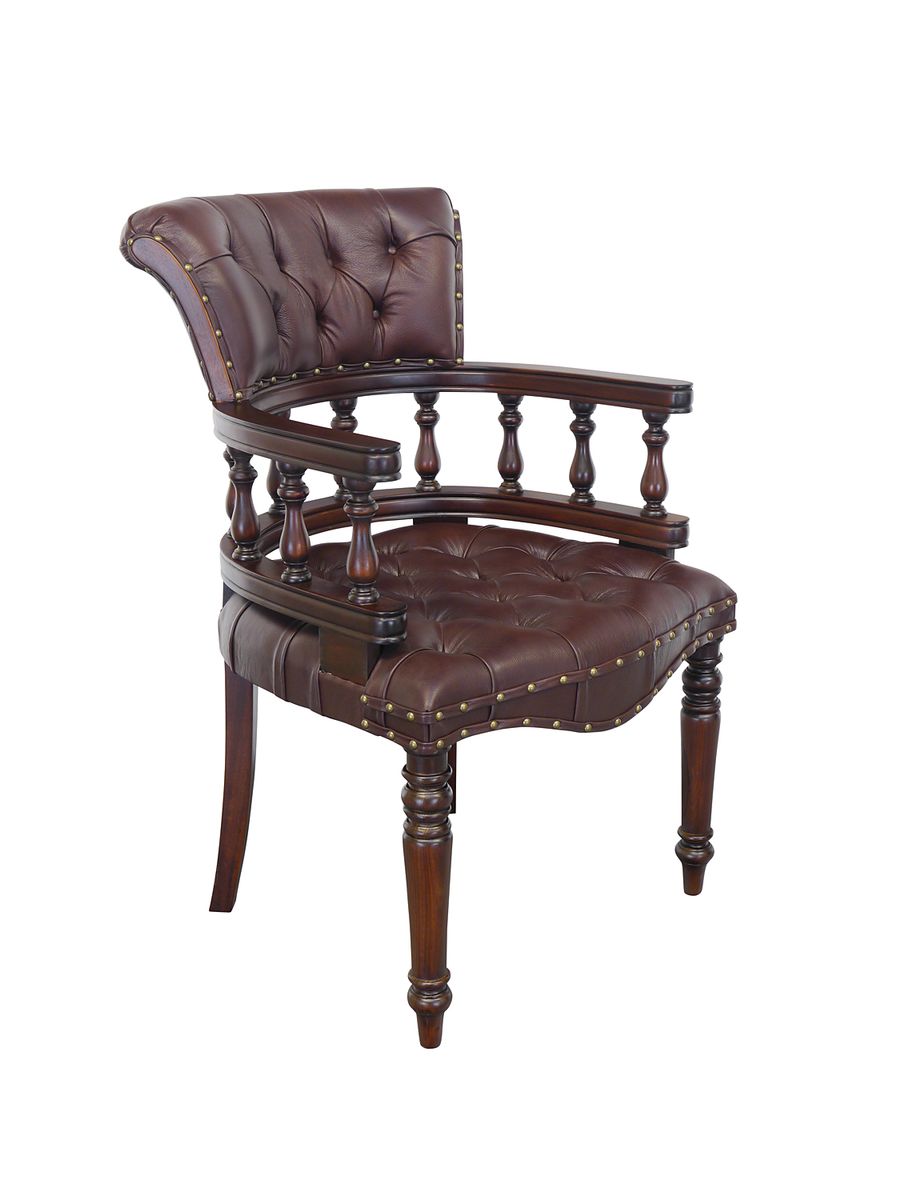 Bürostuhl Chesterfield Design Massivholz braunes Leder (2920) | Antike
