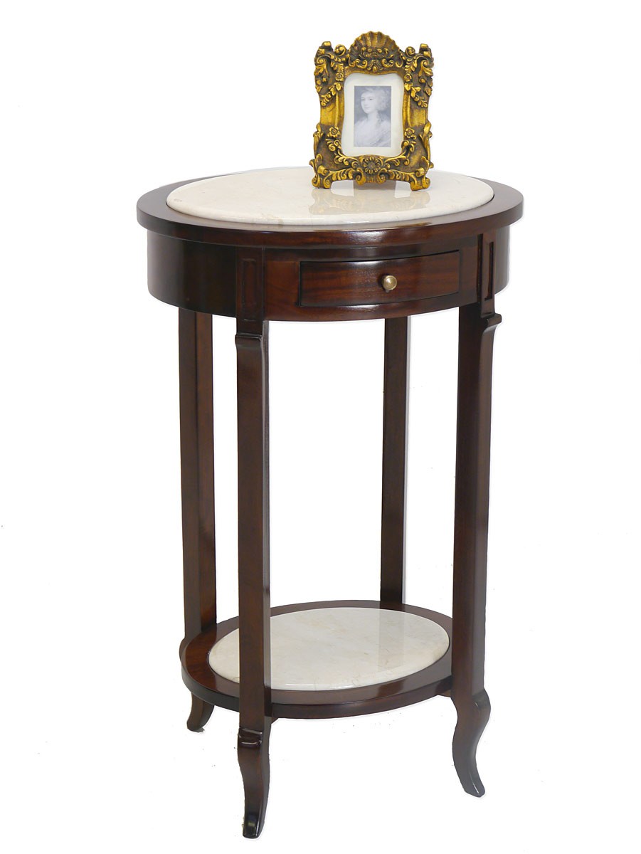 Ovaler Beistelltisch Massivholz mit Marmorplatte (3396) | Antike Möbel